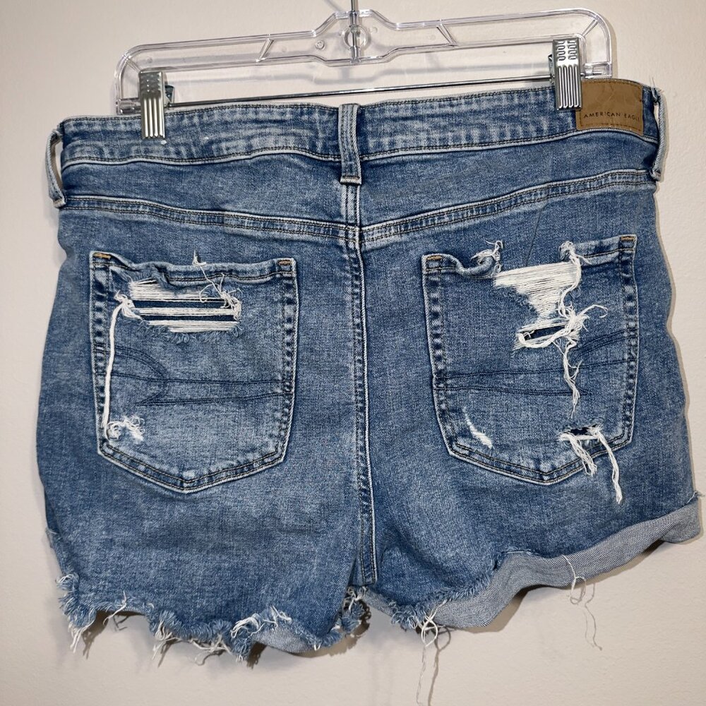 American Eagle Hi Rise Shortie Shorts Size 16 Distressed Denim Blue - Picture 6 of 6